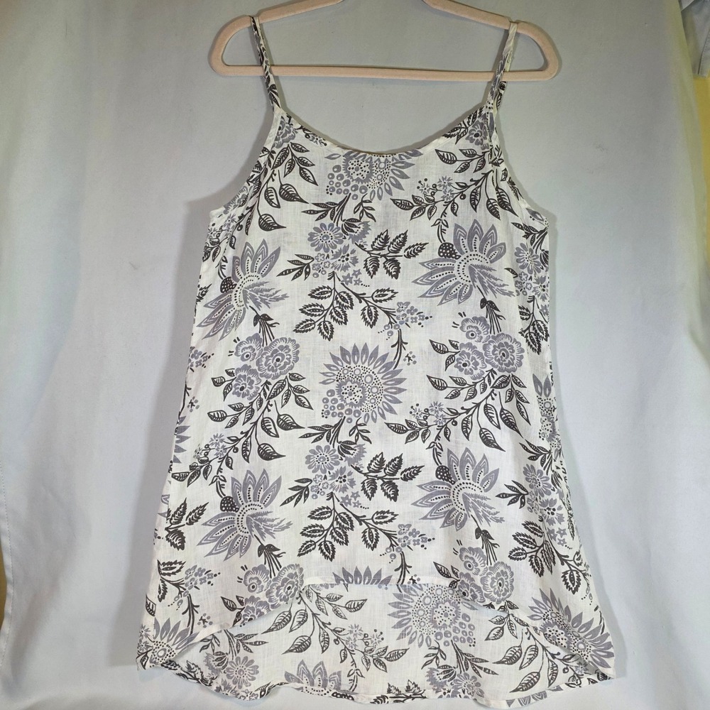 FLAX Floral Grey White Linen Cami Tank Top Women Small High Low Spaghetti Strap